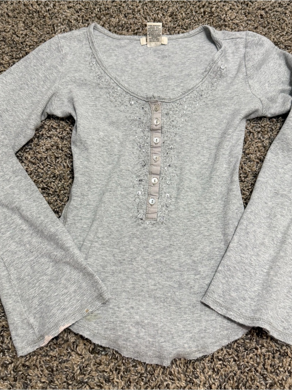 Y2K Love Rocks Light Gray Long-Sleeve Henley Top with Bead Detail